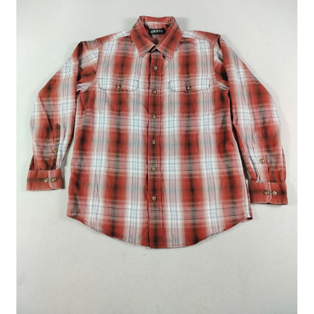 Orvis Shirt Mens Medium Red Plaid Lightweight Button Front Casual Cabincore